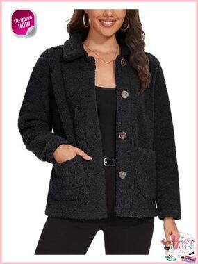 Sherpa Fleece Jacket Fuzzy Warm Winter Button Down Coat Long Sleeve Outwear